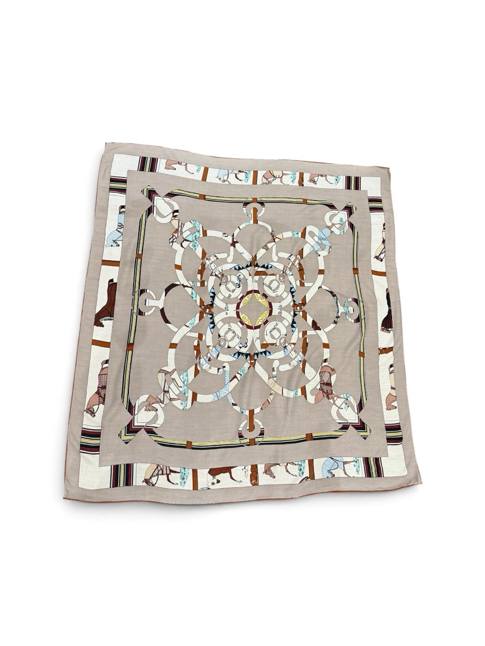 Neutral Beige Printed Silk & Cashmere Scarf with Equestrian Motif - Picture 2 of 14